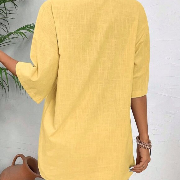 Yellow Casual Women's Vacation Short Sleeve Shirt And Shorts Set - Picture 2 of 7